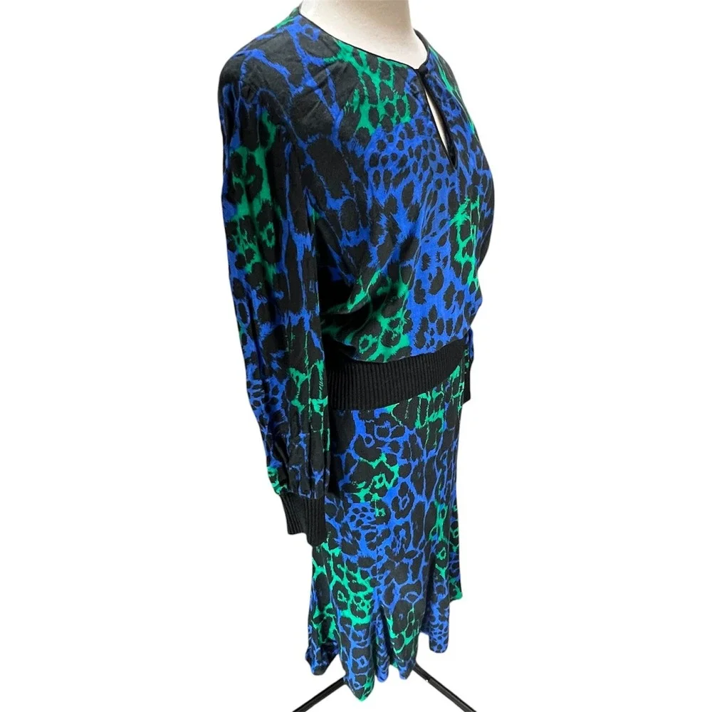 VTG 80s Glam Leopard Print 2 Piece Set Electric Blue Skirt Top Blouse Midi Funky